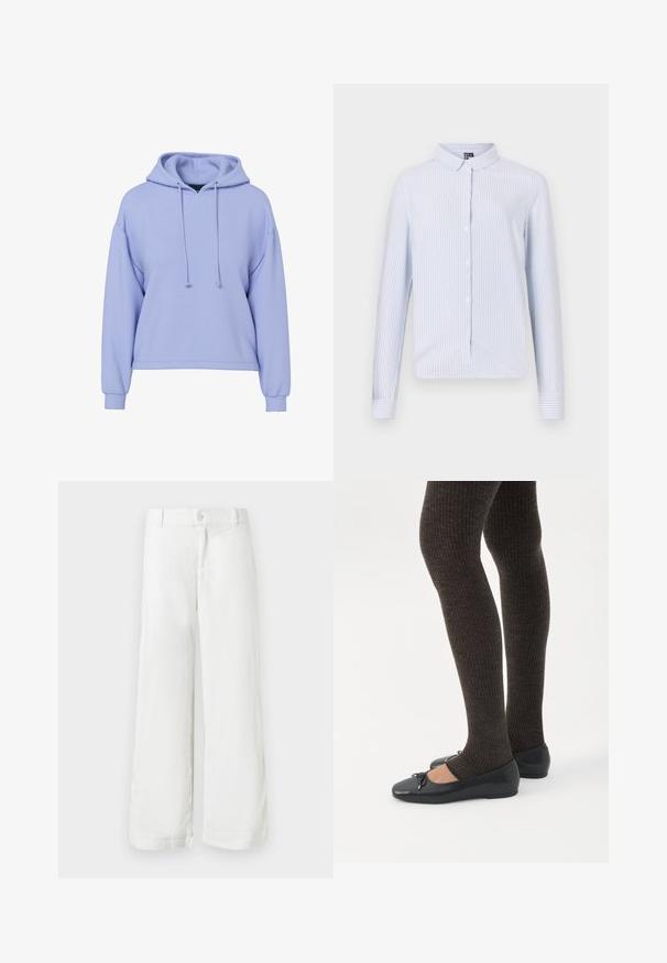 Sudadera corta de color púrpura claro con mangas largas, cordones frontales y puños acanalados sobre un fondo blanco.; Camisa abotonada de color azul claro con rayas verticales blancas, de mangas largas, cuello puntiagudo y una textura de tela suave. Presenta un dobladillo Curvo.; Pantalones blancos de pierna ancha con cierre de botón y cremallera, trabillas para cinturón y bolsillos laterales, exhibidos sobre un fondo blanco.; Piernas con leggings oscuros acanalados combinados con bailarinas negras que presentan pequeños detalles de lazo sobre un fondo blanco.