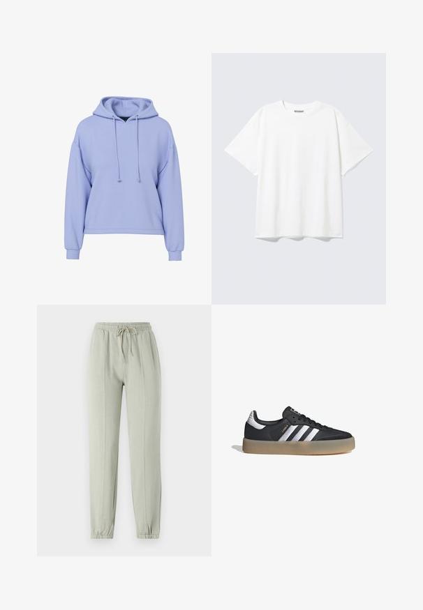 Sudadera corta de color púrpura claro con mangas largas, cordones frontales y puños acanalados sobre un fondo blanco.; Camiseta blanca de manga corta con cuello redondo y un ajuste holgado, con una etiqueta "WEEKDAY" en la parte interior trasera del cuello.; Pantalones de chándal verde claro con un cinturón elástico, cordón ajustable y puños ajustados. Presenta detalles de costura vertical a lo largo del frente.; Zapatilla deportiva de cuero negro con tres rayas plateadas, punta texturizada y suela de goma. Cuenta con un collar acolchado y un diseño con cordones.