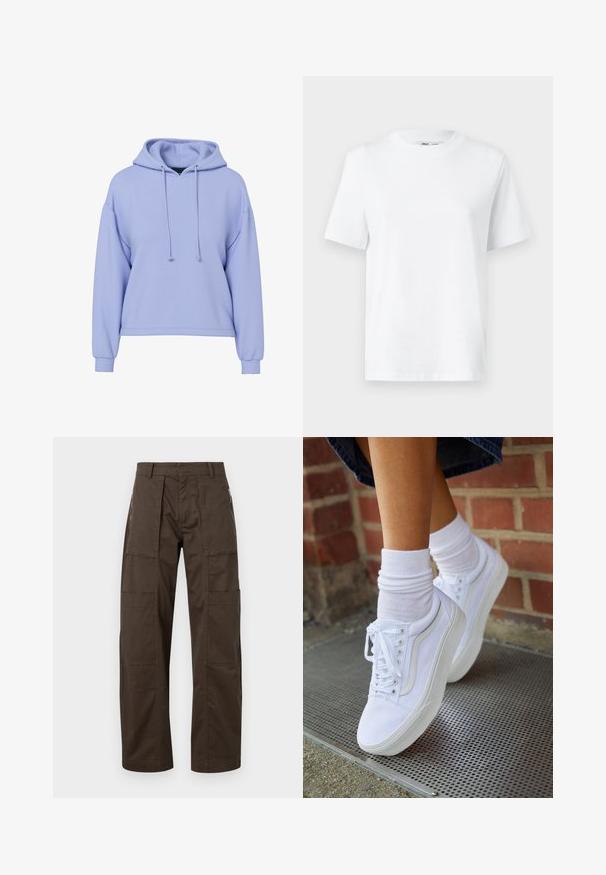 Sudadera corta de color púrpura claro con mangas largas, cordones frontales y puños acanalados sobre un fondo blanco.; Camiseta de algodón blanca de cuello redondo con mangas cortas y una textura suave. Diseñada con un ajuste relajado para mayor comodidad y versatilidad.; Pantalones cargo marrones hechos de una tela resistente, con múltiples bolsillos, un corte relajado y detalles de costura prominentes para mayor durabilidad.; Zapatillas de lona blancas con suelas de goma, que presentan seis ojales, puntera redonda y detalles de costura ligera, combinadas con calcetines blancos hasta el tobillo.