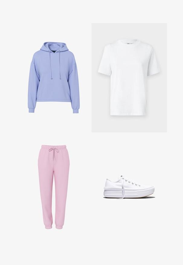 Lyse lilla cropped hoodie med lange ærmer, snore foran og ribbede manchetter på en hvid baggrund.; Hvid bomulds T-shirt med rund hals, kortærmet og en glat tekstur. Designet med en afslappet pasform for komfort og alsidighed.; Lyserøde joggers med elastisk linning, snørebånd, sidelommer og elastiske manchetter, vist på hvid baggrund.; Hvid lavt snørestøvle med tyk plateau-sål, snørelukning foran og gummiforstærket tåkap, set i sideprofil.