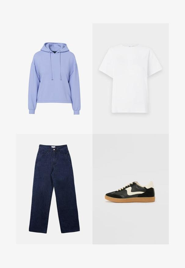 Sudadera corta de color púrpura claro con mangas largas, cordones frontales y puños acanalados sobre un fondo blanco.; Camiseta blanca de manga corta hecha de algodón. Presenta un cuello redondeado, un corte relajado y una textura suave sin patrones ni acentos.; Pantalones de mezclilla azul oscuro con un diseño de pierna recta, que cuentan con un cierre frontal de botón, pasadores para cinturón y dos bolsillos frontales.; Zapatillas de deporte de ante y cuero negro con un swoosh lateral en crema y un talón en crema claro. Presenta cordones beige y una suela de goma marrón.