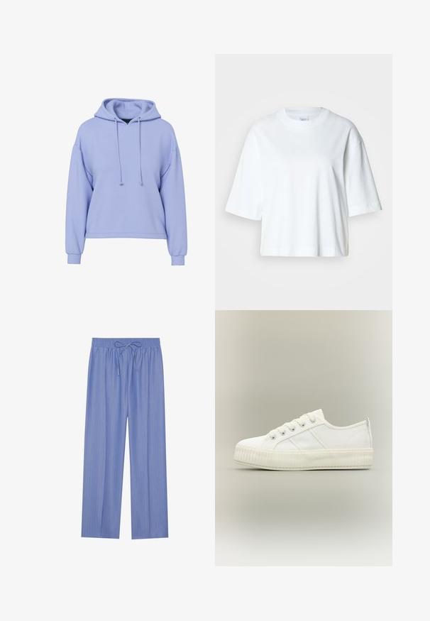 Sweat à capuche court violet clair avec manches longues, cordons de serrage à l'avant et poignets côtelés sur fond blanc.; T-shirt blanc court à manches courtes, col rond, en coton doux, avec un design simple et épuré.; Pantalon large bleu clair avec une taille élastique à cordon, orné de subtiles rayures verticales pour la texture. Fabriqué en tissu doux et respirant.; Baskets basses blanches avec semelle épaisse côtelée, lacets à l'avant et languette à l'arrière sur fond neutre.