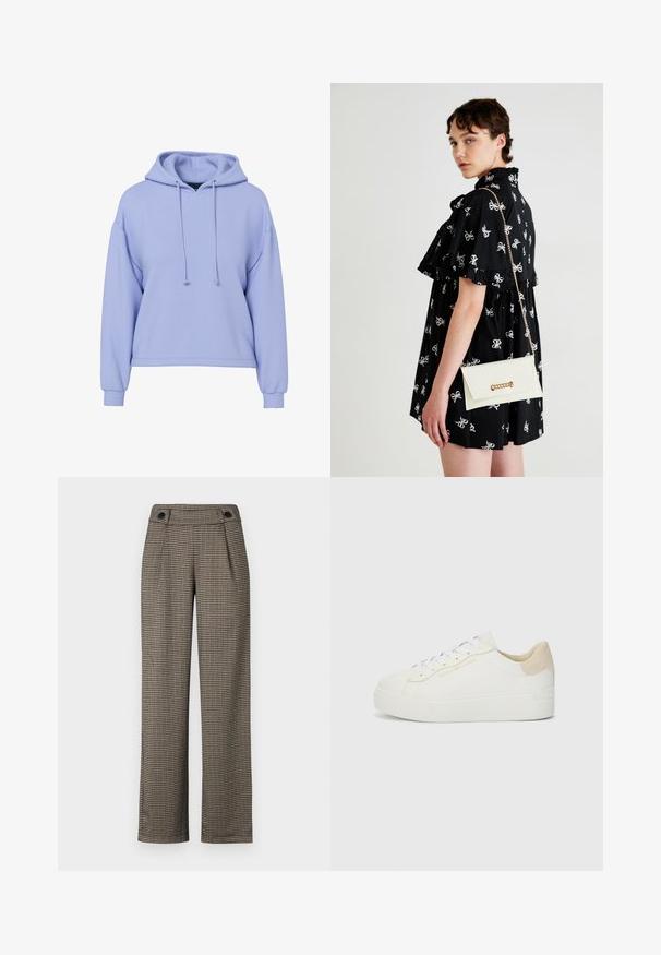 Lichtpaarse cropped hoodie met lange mouwen, voorste trekkoorden en geribbelde boorden op een witte achtergrond.; Bruine broek met checkpatroon en hoge taille, voorzien van zijplooien en zwarte knoopaccenten. Gemaakt van een geweven stof met textuur.; Witte sneaker van leer met een textured beige suede hiel. Heeft platte witte veters en subtiele gouden branding aan de zijkant.; Zwarte dress met witte strikmotieven, korte mouwen, franje bij de schouders. Witte clutch met gouden ketting en sluiting, vastgehouden in de rechterhand.