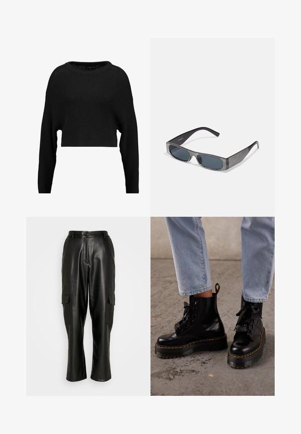 Pull en tricot noir court avec une coupe ample, un col large et des manches longues, présentant un motif texturé à côtes sur l'ensemble.; ONLY ONLKIM PANT - Pantalon cargo - black; Personne portant un jean bleu clair et des bottes à plateforme en cuir noir lacées avec des coutures jaunes sur un sol en béton.; Lunettes de soleil noires avec des verres gris, ornées d'un motif en grille de petits rhinestones métalliques le long des montures. Fini lisse, design angulaire.