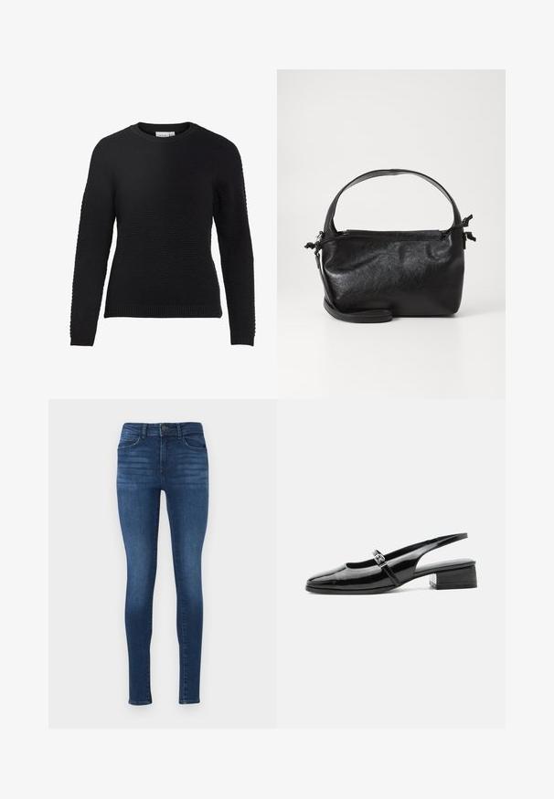 Sort strikket sweater med et tekstureret mønster, rund halsudskæring og ribbede manchetter og kant. Lange ærmer og en tætsiddende design.; Mørkeblå skinny jeans lavet af denim, med høj talje, forlommer og en glat, let slidstærk tekstur.; Sort laklæderslingback-sko med lav blokhæl og tynd rem med sølvspænde over toppen.; Sort læderhåndtaske med et struktureret design, rund tophåndtag og aftagelig skulderrem. Den har en glat tekstur og en subtil glans.