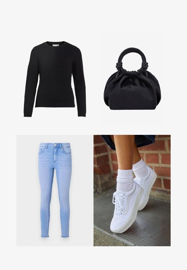 Sort strikket sweater med et tekstureret mønster, rund halsudskæring og ribbede manchetter og kant. Lange ærmer og en tætsiddende design.; Lyseblå skinny jeans lavet af denim, med høj talje, fem lomme-design og let frynset kant ved anklerne.; Hvide lærreds sneakers med gummisåler, der har seks snørehuller, rund tå og let sømdetaljer, krydret med hvide ankelstrømper.; Sort blød stofhåndtaske med samlet top og cirkulære polstrede håndtag bundet med knuder på hver side.