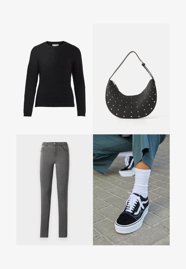 Zwarte gebreide trui met een gestructureerd patroon, ronde hals, en ribgebreide manchetten en zoom. Lange mouwen en een aansluitend ontwerp.; Grijze denim skinny jeans met een nauwsluitend ontwerp, vijf zakken en een enkele metalen knoopsluiting bij de taille.; Zwarte suède sneaker met witte accenten en veters, uitgerust met een dikke witte zool en contrasterende stiksels, gecombineerd met een witte sok.; Zwarte leren handtas met een gebogen vorm, versierd met zilveren studs, voorzien van een ritssluiting en een enkele verstelbare schouderband.