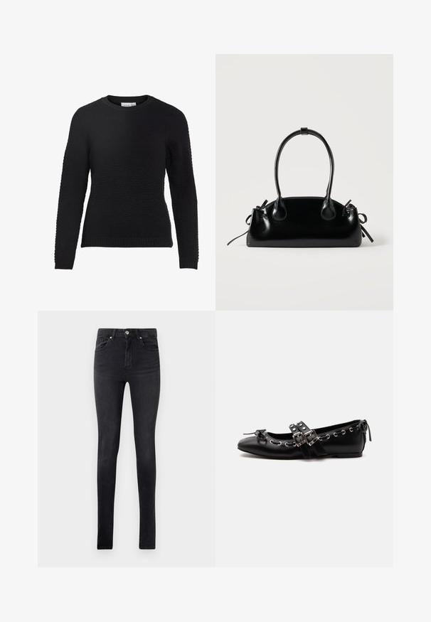 Sort strikket sweater med et tekstureret mønster, rund halsudskæring og ribbede manchetter og kant. Lange ærmer og en tætsiddende design.; Sorte slim-fit denim jeans med fem lommer og knapåbning i taljen, præsenteret mod en ensfarvet hvid baggrund.; Sort flad balletsko med dobbelt spænde, sølvøjer og en lille sløjfe nær den runde tå på en hvid baggrund.; Lille sort blank håndtaske med to lange håndtag og snøre-detaljer i siden på en ensfarvet lys baggrund.