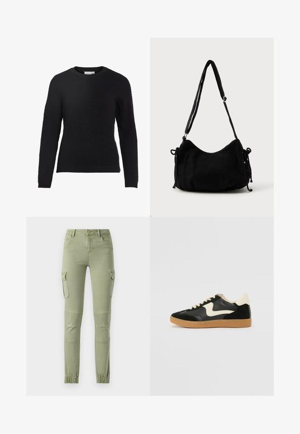 Pull en tricot noir avec un motif texturé, col rond, et poignets et ourlet côtelés. Manches longues et design ajusté.; Pantalons cargo en tissu vert clair avec une coupe ajustée, deux poches latérales et des poignets élastiques aux chevilles pour un look fuselé.; Baskets en daim et cuir noir avec un swoosh latéral crème et un talon crème clair. Dotées de lacets beige et d'une semelle en caoutchouc gomme.; Sac à épaule en velours côtelé noir avec une forme courbée, bandoulière réglable et fermetures à cordon des deux côtés pour un ajustement de taille.