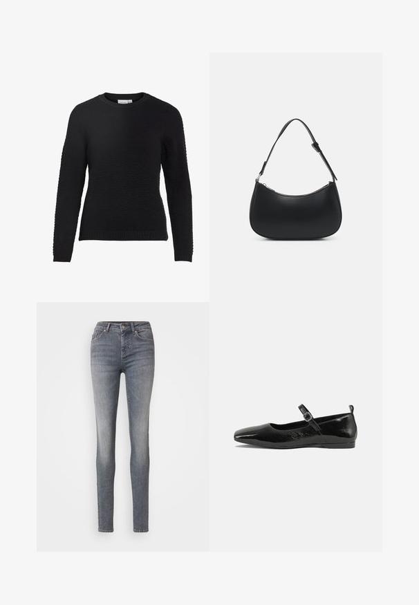 Sort strikket sweater med et tekstureret mønster, rund halsudskæring og ribbede manchetter og kant. Lange ærmer og en tætsiddende design.; Slanke blå jeans med en falmet vask, fem lommer, bæltestropper og en frontknaplukning. Lavet af denimmateriale med synlige sømme.; Sorte patentlæder flade sko med spidse tæer, en ankelrem med spænde og en glat, blank tekstur. Lav hæl for komfort.; Pieces PCALUANA SHOULDER BAG - Håndtasker - black