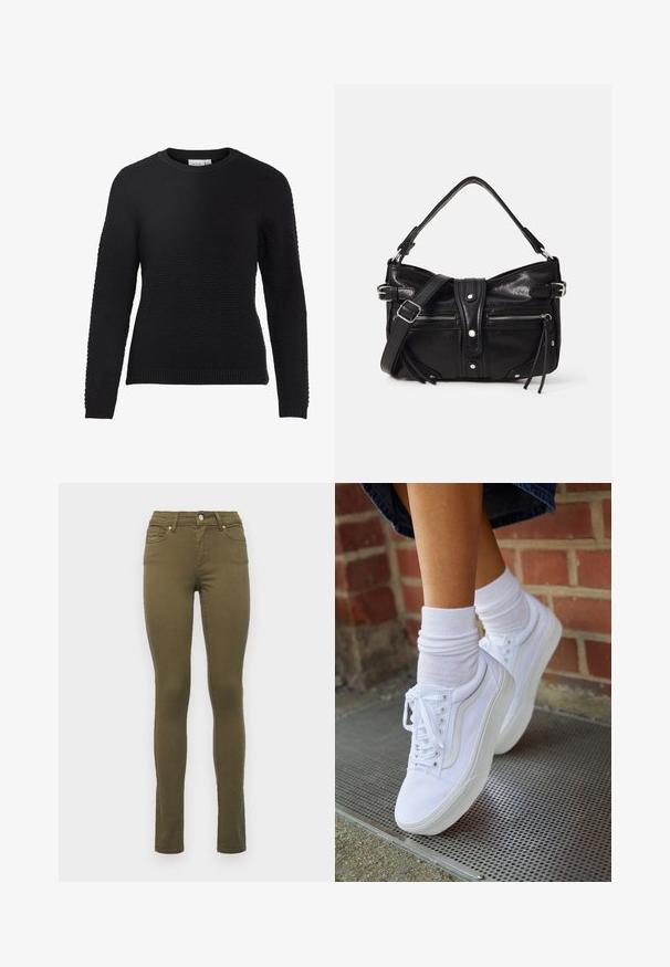 Sort strikket sweater med et tekstureret mønster, rund halsudskæring og ribbede manchetter og kant. Lange ærmer og en tætsiddende design.; Olivengrøn slim-fit jeans lavet af bomuldsblanding, med normal talje, fem lommer og diskrete stikninger langs sømmene.; Hvide lærreds sneakers med gummisåler, der har seks snørehuller, rund tå og let sømdetaljer, krydret med hvide ankelstrømper.; Even&Odd H24462 - Håndtasker - black