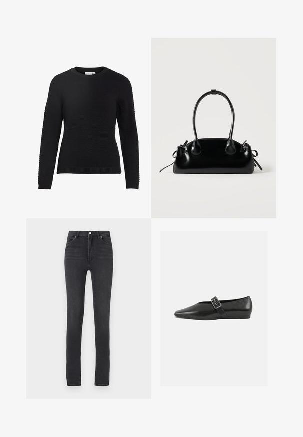 Sort strikket sweater med et tekstureret mønster, rund halsudskæring og ribbede manchetter og kant. Lange ærmer og en tætsiddende design.; Sorte skinny jeans med høj talje, lavet af stræk denim, med bæltestropper, minimal syning og et klassisk fem-lomme design.; Sorte læder flade sko med spidse tæer, prydet med en metallisk spænde over vristen og en lav, fleksibel sål.; Lille sort blank håndtaske med to lange håndtag og snøre-detaljer i siden på en ensfarvet lys baggrund.