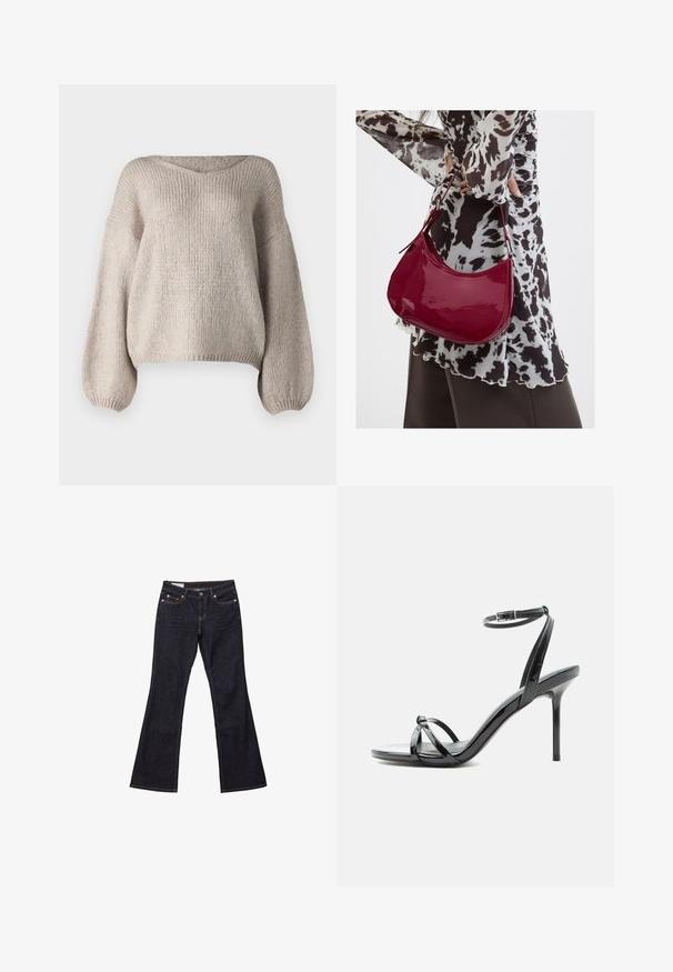Pull en tricot beige avec un large col en V, des manches longues bouffantes et un ourlet court. La texture est épaisse et douce, avec un design simple.; Jean bootcut en denim bleu foncé avec poches avant, fermeture par boutons et surpiqûres visibles.; Sandale à talon haut en cuir verni noir avec de fines lanières croisées sur les orteils et une sangle à boucle à la cheville sur fond blanc.; Femme portant un chemisier à motif noir et blanc tenant un sac à main rouge brillant sur un fond uni.
