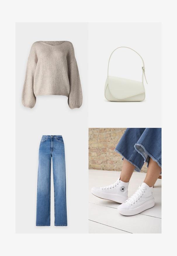 Beige strikket sweater med bred V-udskæring, lange ballonærmer og en cropped kant. Teksturen er chunky og blød, med et enkelt design.; Lyseblå vide denimbukser med høj talje, frontlommer og standard knaplukning. Glat tekstur.; Person iført hvide høje Converse-sneakers med tykke såler og beskårne blå jeans med flossede kanter mod en murstensvæg og hvidt gulv.; Hvid taske i faux læder med en struktureret trekantet form, enkelt justerbart skulderstrop og en flaplås med kurver.