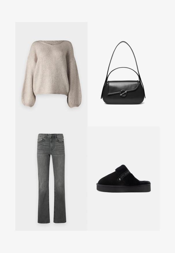Beige strikket sweater med bred V-udskæring, lange ballonærmer og en cropped kant. Teksturen er chunky og blød, med et enkelt design.; Bredde jeans i mørkegrå denim med høj talje, fem lommer og en enkelt knaplukning. Glat tekstur med let falmning.; Sorte slideslippers lavet af blødt ruskind med en fuzzy overdel. Har en polstret rem og en struktureret gummisål med en let forhøjning.; Sort skuldertaske i læder med en buet klap, der er fastgjort med en rund metal spænde, og en slank, justerbar rem.