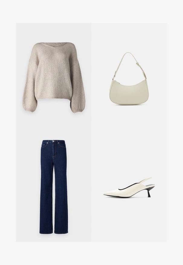 Beige strikket sweater med bred V-udskæring, lange ballonærmer og en cropped kant. Teksturen er chunky og blød, med et enkelt design.; Mørkeblå denim jeans med høj talje, bred benudskæring og klassisk fem-pocket design. Afsluttet med kontrastsyning og en metalknap.; Cremefarvet spids tå slingback-sko med lav sort kittenhæl og glat læderfinish på hvid baggrund.; Pieces PCALUANA SHOULDER BAG - Håndtasker - birch