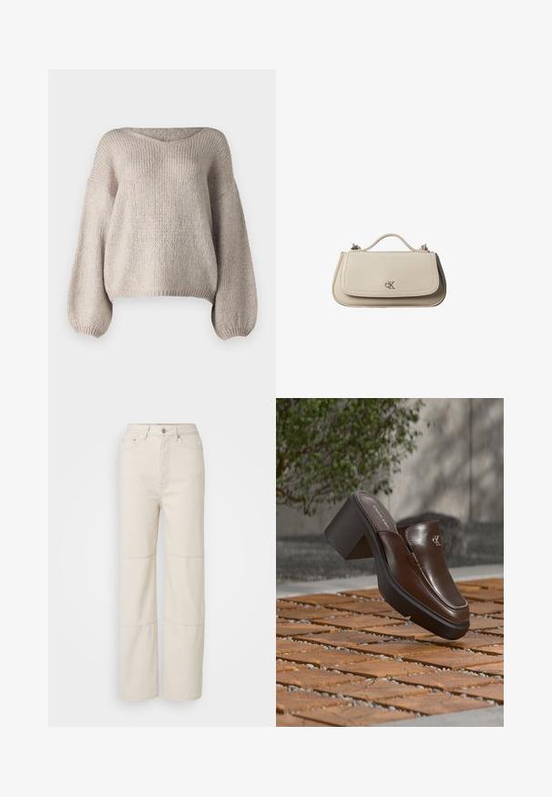 Beige gebreide trui met een brede V-hals, lange ballonmouwen en een cropped zoom. De textuur is chunky en zacht, met een eenvoudig ontwerp.; Lichtbeige wijde jeans gemaakt van katoen. Heeft een hoge taille, een knoopsluiting aan de voorkant en twee horizontale naadaccenten op de benen.; Bruine leren Calvin Klein mule met hak die boven houten tegelvloer zweeft met een vervaagde groene plant en muur op de achtergrond.; Kleine beige leren handtas met bovenhandvat en zilveren CK-logo op de voorflap, getoond tegen een witte achtergrond.