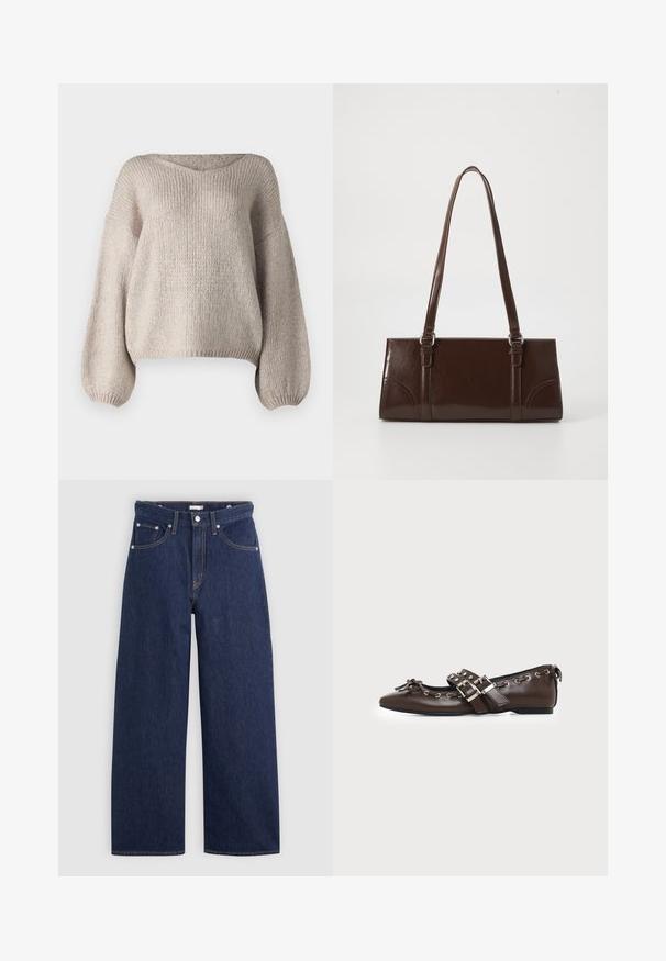 Pull en tricot beige avec un large col en V, des manches longues bouffantes et un ourlet court. La texture est épaisse et douce, avec un design simple.; Jeans en denim bleu foncé à jambes larges avec une taille haute, dotés de cinq poches, passants de ceinture et détails de couture en cuivre. Texture lisse.; Chaussure plate en cuir marron foncé avec bout pointu, doubles brides à boucles argentées, œillets métalliques et nœud décoratif à l'avant.; Sac à main en cuir verni marron de forme rectangulaire, avec deux longues poignées et des accents courbés subtils à l'avant.