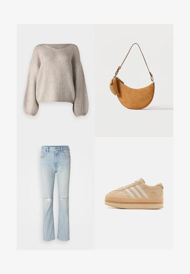 Pull en tricot beige avec un large col en V, des manches longues bouffantes et un ourlet court. La texture est épaisse et douce, avec un design simple.; Jean en denim bleu clair avec taille haute, jambe évasée, détails déchirés et tissu découpé au niveau des genoux. Design à cinq poches.; Baskets plates en suède beige avec trois bandes blanches, bout rond et semelle en caoutchouc beige arborant un accent logo doré sur le côté.; Sac à main en daim marron foncé en forme de croissant avec une fine sangle réglable et une petite pochette zippée attachée sur le côté, sur fond uni.