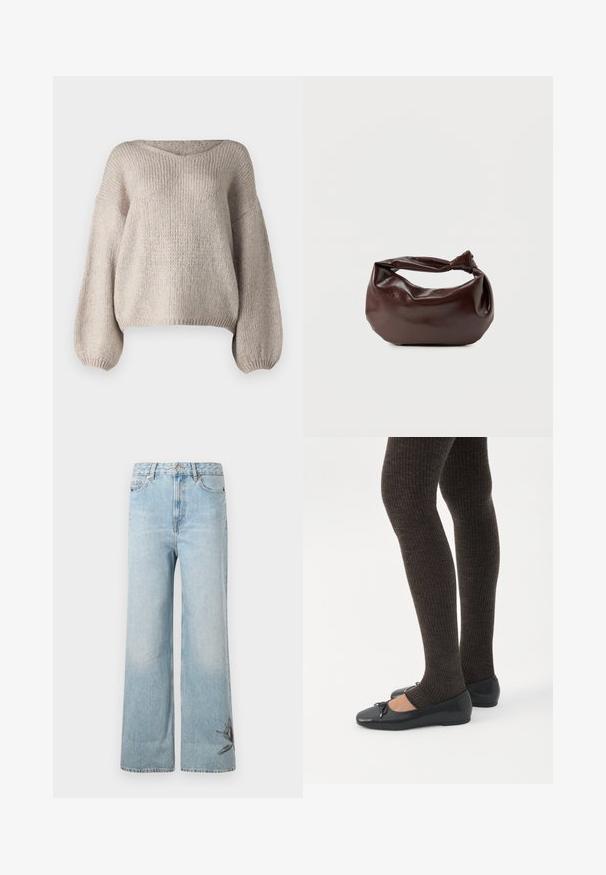 Pull en tricot beige avec un large col en V, des manches longues bouffantes et un ourlet court. La texture est épaisse et douce, avec un design simple.; Jeans larges en denim bleu clair, avec une texture délavée et des broderies florales sur le bas de la jambe gauche.; Jambes portant des leggings côtelés foncés associés à des ballerines noires avec de petits détails en nœud sur fond blanc.; Sac bandoulière en cuir marron foncé avec une forme souple et décontractée et une anse nouée torsadée sur un fond blanc uni.