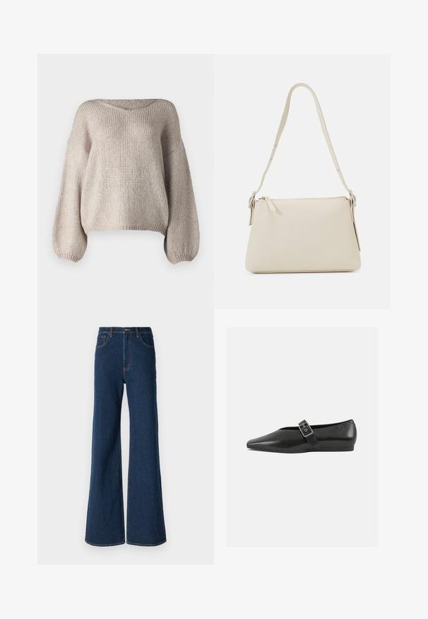 Beige strikket sweater med bred V-udskæring, lange ballonærmer og en cropped kant. Teksturen er chunky og blød, med et enkelt design.; Abercrombie & Fitch Jeans Relaxed Fit - rinse; Sorte læder flade sko med spidse tæer, prydet med en metallisk spænde over vristen og en lav, fleksibel sål.; Beige skuldertaske lavet af glat læder med lynlås-lukning. Har et enkelt design, slank skulderrem og metalbeslag som detaljer.