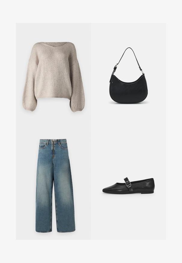 Beige gebreide trui met een brede V-hals, lange ballonmouwen en een cropped zoom. De textuur is chunky en zacht, met een eenvoudig ontwerp.; Wijduitlopende denim jeans in een lichte blauwwas. Voorzien van een ritssluiting met knoopsluiting en subtiele vervaging voor een versleten uitstraling.; Zwarte leren platte schoen met een ronde neus, een enkele verstelbare gespsluiting en een gladde, glanzende textuur. Minimalistisch ontwerp met een lage hak.; Zwarte hobo tas van soepel leer met een gebogen silhouet, voorzien van een enkele verstelbare schouderriem en minimalistische ontwerpdetails.