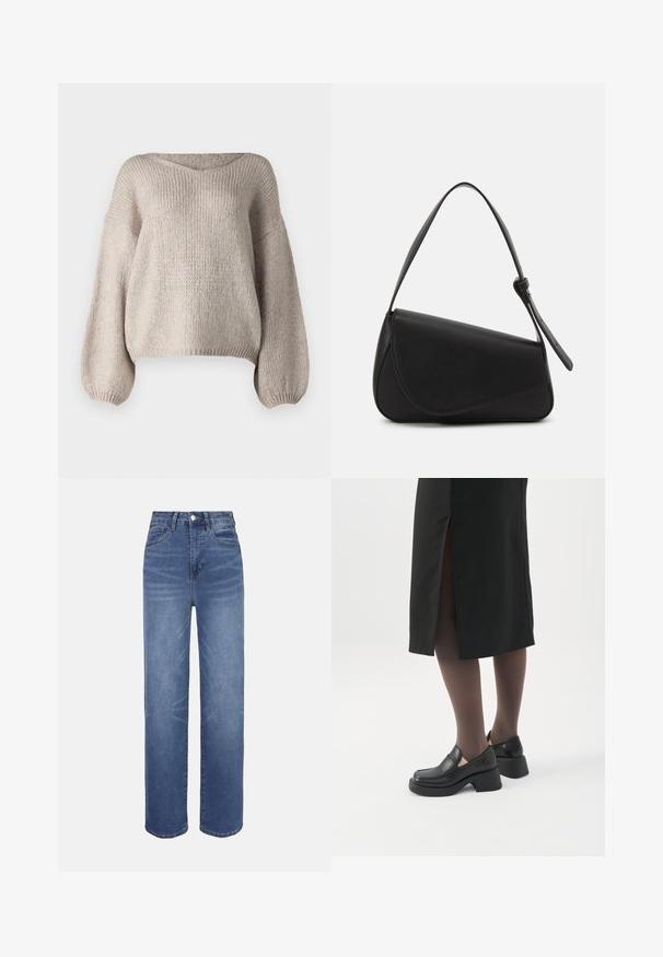 Beige strikket sweater med bred V-udskæring, lange ballonærmer og en cropped kant. Teksturen er chunky og blød, med et enkelt design.; Lyseblå denimjeans med højtaljet, lige ben, fem-lomme-design og subtile falmede detaljer i hele stoffet.; Kvinde iført sorte loafers med chunky hæl, sorte tynde strømpebukser og en sort nederdel med slids bagpå på hvid baggrund.; Sort læderhåndtaske med en triangular form, skrå klap og et rundt håndtag. Har en glat overflade og minimalistiske design detaljer.