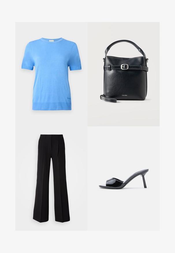 Calvin Klein Striktrøje - blue twilight; Sorte bukser lavet af glat stof, med høj talje, bred ben silhuet og to frontfolder for ekstra design detaljer.; Sorte laklæder sandaletter med åben tå, der har et buet overdesign og en spids stilethæl. Glat, blank finish.; Sort lædertaske fra Calvin Klein med topstrop, justerbar skulderrem, frontspænde og syninger langs kanterne på en hvid baggrund.
