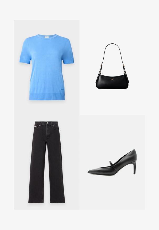 Calvin Klein Striktrøje - blue twilight; Sorte vidde jeans lavet af denim, med høj talje, fem-lomme stil og en metalknap lukning med kontrasterende syninger.; Sort læderspids højhælede sko med tynd rem og spænde over vristen, stående på en neutral lys baggrund.; Sort læder mini skuldertaske med tynd rem og lille gyldent CK-logo på fronten i midten.