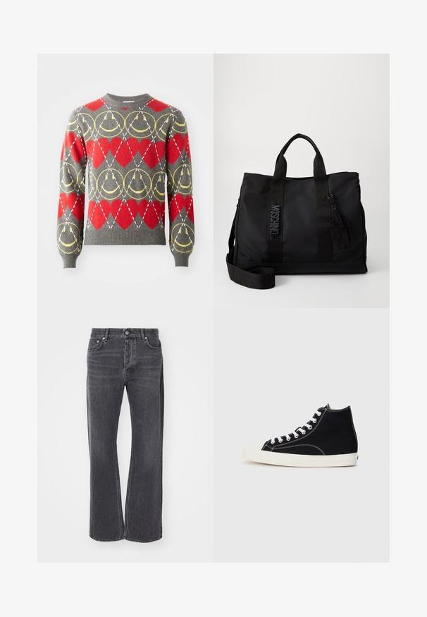 Pull gris avec des cœurs rouges et des motifs circulaires jaunes, arborant des lignes blanches en pointillés formant une grille en losange sur le motif.; Jeans noirs taille haute avec un design ample et large. Fabriqués en denim, présentant un léger décoloré et des poches à l'avant et à l'arrière.; Baskets montantes en toile noires avec des lacets blancs, dotées d'un capuchon en caoutchouc et de surpiqûres blanches contrastantes.; Sac fourre-tout en nylon noir avec double anses supérieures, bandoulière réglable et détails de logo gaufré. Texture lisse avec une étiquette attachée.