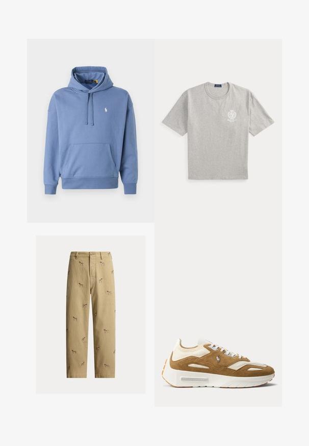 Blauwe katoenen hoodie met een trekkoord, kangoeroezak en geribbelde manchetten. Bevat een klein wit logo op de linkerkant van de borst. Eenvoudig ontwerp.; Polo Ralph Lauren RELAXED FIT JERSEY GRAPHIC T-SHIRT - T-shirt print - andover heather; Beige ribfluwelen broek met geborduurde hondendesigns, rechte pijp, en vijfzakkenstijl met een knoopsluiting aan de voorkant.; Witte en beige sneaker met dikke zool, bovenwerk van suède en mesh, veters aan de voorkant en Ralph Lauren-logo aan de zijkant.