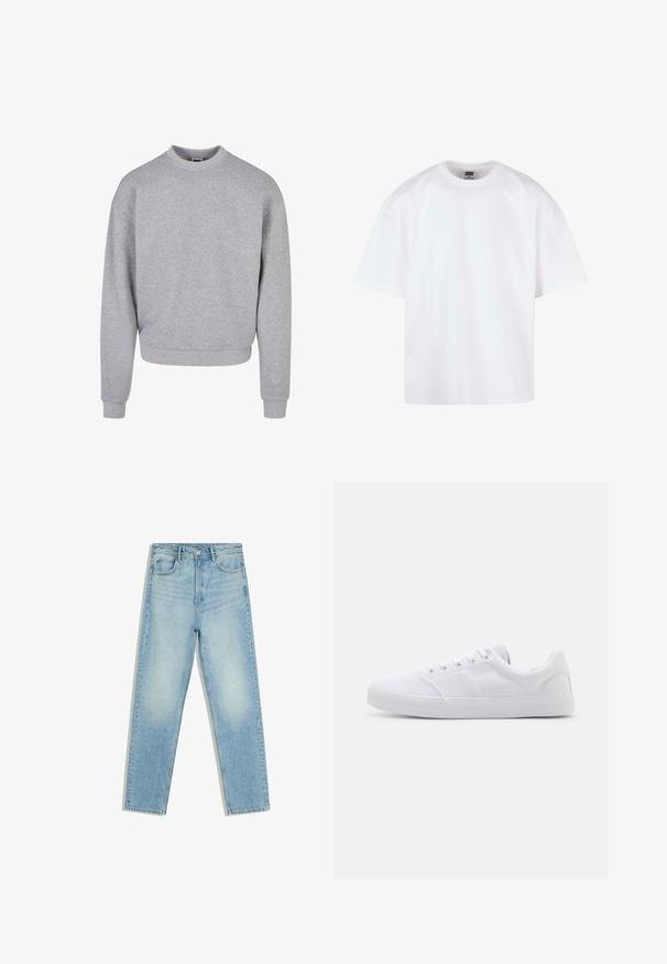 Grå sweatshirt med rund hals, lange ærmer og ribbede manchetter. Lavet af et blødt, struktureret materiale med en afslappet pasform.; Hvid kortærmet t-shirt med rund hals, lavet af bomuldsmateriale, der har en afslappet pasform og minimale syningsdetaljer.; Lyseblå jeans med høj talje, lige ben, for- og baglommer og knaplukning på hvid baggrund.; Hvide lærreds sneakers med gummisål, der har seks snørehuller, en struktureret tåkap og et minimalistisk design.