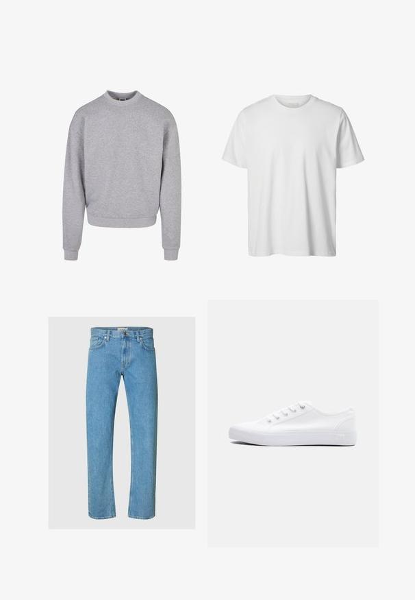 Grå sweatshirt med rund hals, lange ærmer og ribbede manchetter. Lavet af et blødt, struktureret materiale med en afslappet pasform.; Enkelt hvid T-shirt med korte ærmer og rund hals, løs pasform og uden synlige logoer eller designs foran.; Lysblå denimjeans har et lige ben-design, fem-lomme stil og en lynlås med metalknaplukning.; Lavtop hvid lærredsneaker med hvide snørebånd, gummisål og metaløjer, vist fra ydersiden på en ensfarvet baggrund.