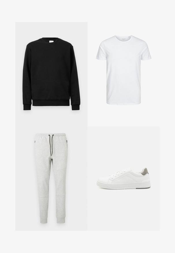 Sort sweatshirt lavet af bomuldsblanding; har rund hals, lange ærmer og ribbede mansjetter og forneden for en tætsiddende pasform.; Rundhals kortærmet t-shirt i ensfarvet hvid, lavet af blød bomuld, har et simpelt design uden synlige mønstre eller detaljer.; Grå joggebukser lavet af blandingsstof, med elastisk talje og sorte snoretræk samt to sidelommer.; Hvid sneaker lavet af glat læder, rund tå, minimalistisk design, grå hælafsats og tekstureret gummisål.