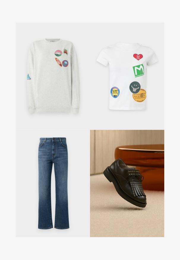 Sweatshirt gris clair à col rond, ornée de cinq patches brodés colorés de différentes formes et designs sur le devant et la manche.; T-shirt blanc à manches courtes avec des patchs graphiques colorés comprenant un cœur rouge, un carré vert et des étiquettes circulaires avec texte et chiffres.; Jean en denim bleu foncé, avec une coupe droite, cinq poches, fermeture à bouton et détails de couture discrets.; Chaussure en cuir noire à lacets avec franges décoratives et clous métalliques posée sur un tapis beige près d'un meuble marron.