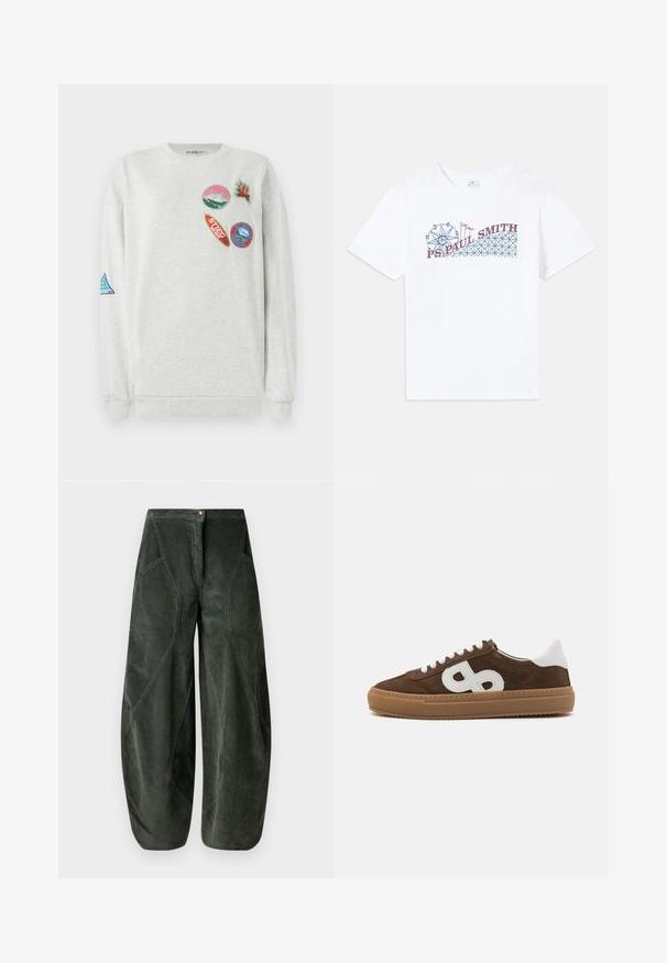 Hele halli kapuutsiga sweatshirt, millel on ümar kaelus ja esiküljel ning varrukal on viis värvilist tikitud pääsukest erinevate kuju ja disainidega.; Valge puuvillane T-särk, millel on värviline graafika evakuatorist ja pöörlevast mäest, kus on kirjas "PS Paul Smith" punase ja sinisega.; Laiene jalad tume roheline korduroof kangas, millel on nööbikinnitus ja kaldenurgaga küljetaskud, millel on tekstuuriga sooneline muster.; Pruun suede tennisjalanõud valgete nahkdetailidega, millel on silmapaistev valge logo, ümmargune varvas, lame paeltega sulgemine ja kummist kummist põhja.