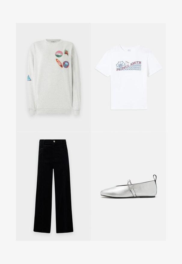 Lichtgrijze sweatshirt met een ronde hals, voorzien van vijf kleurrijke geborduurde patches van verschillende vormen en ontwerpen op de voorkant en de mouw.; Witte katoenen t-shirt met een kleurrafische afbeelding van een reuzenrad en een achtbaan, met de tekst "PS Paul Smith" in rood en blauw.; Zwarte corduroy wijdlopende broek met een gestructureerd oppervlak, voorzien van voorzakken en een zilveren knoopdetail in de taille.; rag & bone SPIRE MARY JANE - Ballerina's met enkelbandjes - silver
