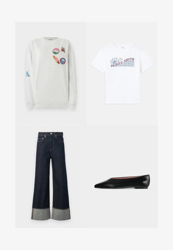 Sweatshirt gris clair à col rond, ornée de cinq patches brodés colorés de différentes formes et designs sur le devant et la manche.; T-shirt en coton blanc avec un graphique coloré d'une grande roue et d'une montagne russe, avec le texte "PS Paul Smith" en rouge et bleu.; Jean denim bleu foncé à jambes larges avec revers roulés montrant un tissu intérieur plus clair et une fermeture par bouton argenté.; Chaussure plate en cuir noir pour femme, avec bout pointu et petit talon, vue de côté sur un fond gris clair uni.
