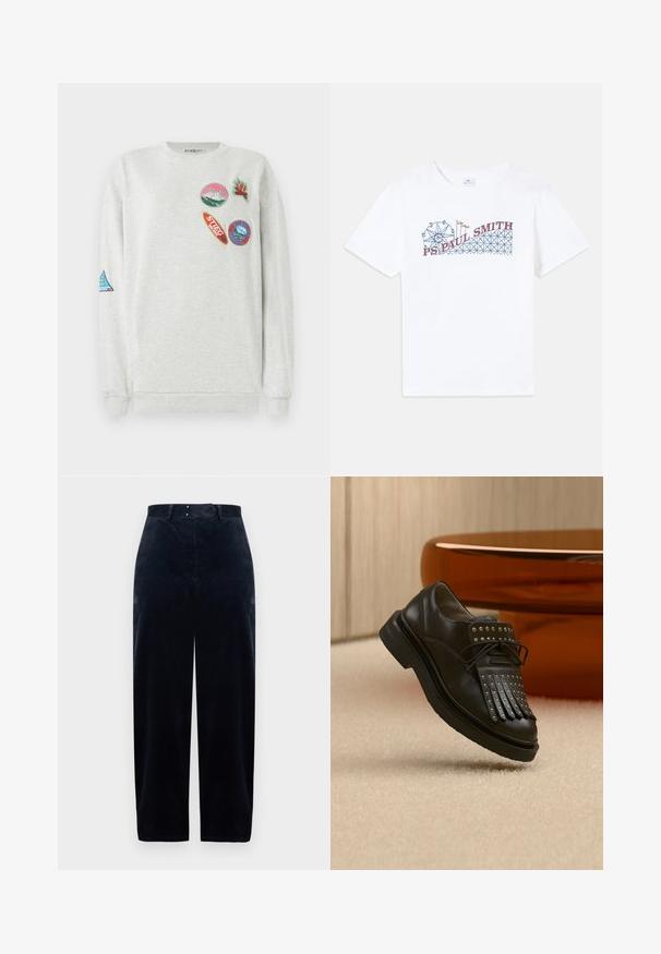 Hele halli kapuutsiga sweatshirt, millel on ümar kaelus ja esiküljel ning varrukal on viis värvilist tikitud pääsukest erinevate kuju ja disainidega.; Valge puuvillane T-särk, millel on värviline graafika evakuatorist ja pöörlevast mäest, kus on kirjas "PS Paul Smith" punase ja sinisega.; Tumesinised velvetpüksid kõrge vöökohaga, sirge sääreosaga ja kahe esitaskuga. Varustatud nööbi ja tõmblukuga. Tekstureeritud kangas.; Mustast nahast paeltega king dekoratiivsete tutide ja metallkruvidega, paigutatud beežile vaibale pruunide mööbli lähedale.