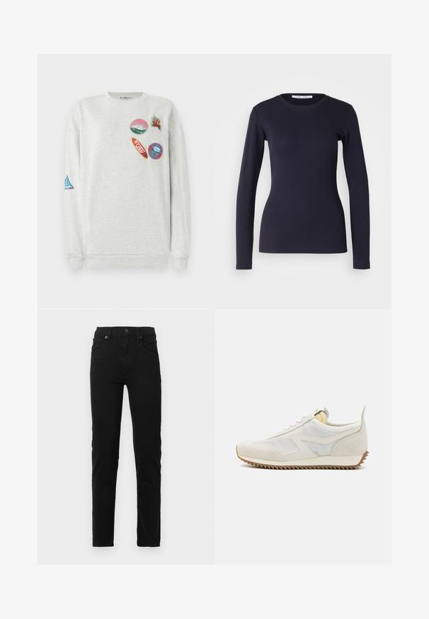 Sudadera gris claro con cuello redondo, que presenta cinco parches bordados de colores de varias formas y diseños en la parte delantera y en las mangas.; Camiseta de manga larga de color navy, confeccionada en algodón suave. Presenta un cuello redondo, forma ajustada y textura acanalada. Diseño simple y de color sólido.; Pantalones vaqueros negros de mezclilla con un corte ajustado, cintura alta y bolsillos frontales sutiles. Presentan una cremallera con botón y un diseño limpio y minimalista.; Zapatilla blanca con paneles de malla y acentos de ante, que cuenta con una suela de goma con dibujo de zigzag y un collar acolchado en suave amarillo.