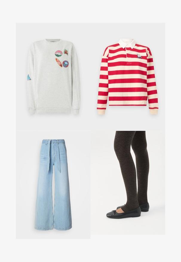 Sudadera gris claro con cuello redondo, que presenta cinco parches bordados de colores de varias formas y diseños en la parte delantera y en las mangas.; Camiseta de rugby de manga larga con rayas horizontales rojas y crema, cuello blanco y pequeño logotipo de oveja bordado en el pecho.; Vaqueros de pierna ancha en un azul claro con cintura alta, con un cinturón atado, bolsillos laterales y una textura de denim ligeramente desteñida.; Piernas con leggings oscuros acanalados combinados con bailarinas negras que presentan pequeños detalles de lazo sobre un fondo blanco.