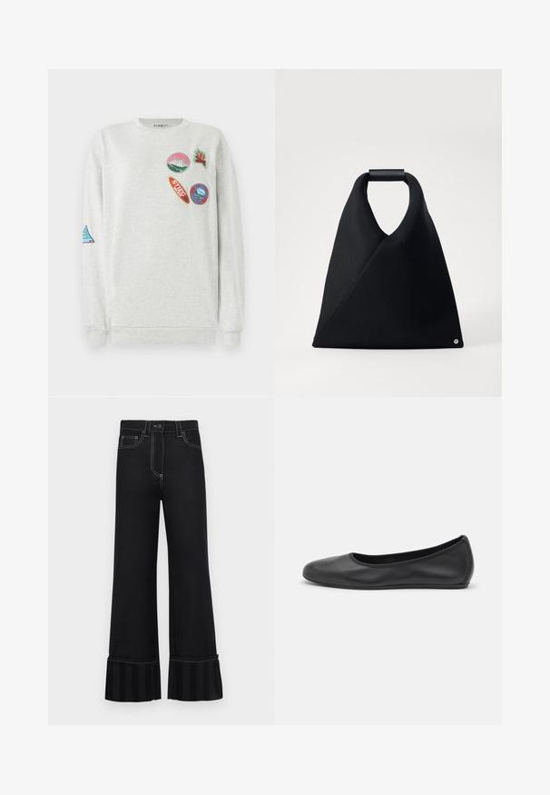 Lichtgrijze sweatshirt met een ronde hals, voorzien van vijf kleurrijke geborduurde patches van verschillende vormen en ontwerpen op de voorkant en de mouw.; Zwarte flared broek gemaakt van denim met contrasterende witte stiksels en een gestreepte stofaccent aan de onderkant. Bevat frontzakken.; Zwarte leren ballerina met een ronde neus, gladde textuur, minimale stikdetails en een flexibele zoolontwerp.; Zwarte tote bag met een driehoekige vorm, gemaakt van textuurstof, met een ronde handgreep en een klein accentdetail aan de onderkant.