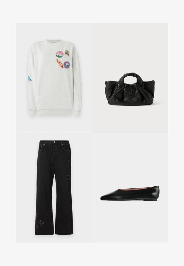 Lys grå sweatshirt med rund hals, der har fem farverige broderede lapper i forskellige former og designs på fronten og ærmet.; Sorte denimjeans med vid pasform, prydet med broderede krydsmønstre i en lysere nuance. Fem-lomme design og knaplukning.; Sort damesko i læder med flad hæl og spids tå, vist fra siden på en ensfarvet lys grå baggrund.; Sort læderhåndtaske med et blødt, samlet design. Har et struktureret logo på fronten og to robuste håndtag til bæring.