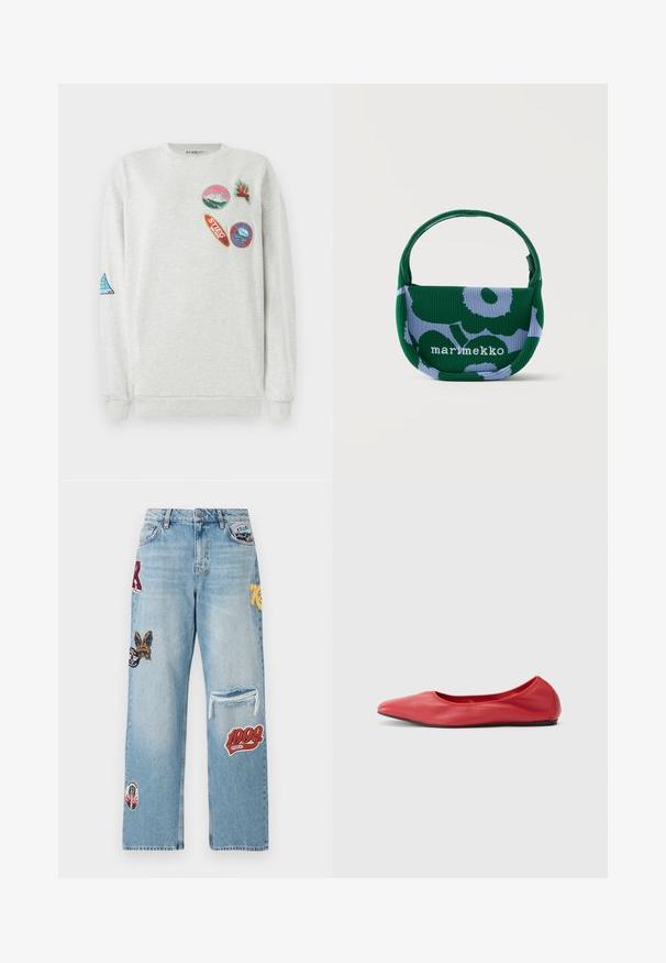 Lys grå sweatshirt med rund hals, der har fem farverige broderede lapper i forskellige former og designs på fronten og ærmet.; Lys blå denim jeans med forskellige lapper, et slidt knæ og en bred benpasform. Bemærkelsesværdige farver inkluderer rød, gul og sort.; Filippa K REY FLATS - Ballerinasko - bright red; Lille håndtaske i grøn og lys lilla blomsterprintet stof med et enkelt håndtag og teksten "marimekko" på fronten.