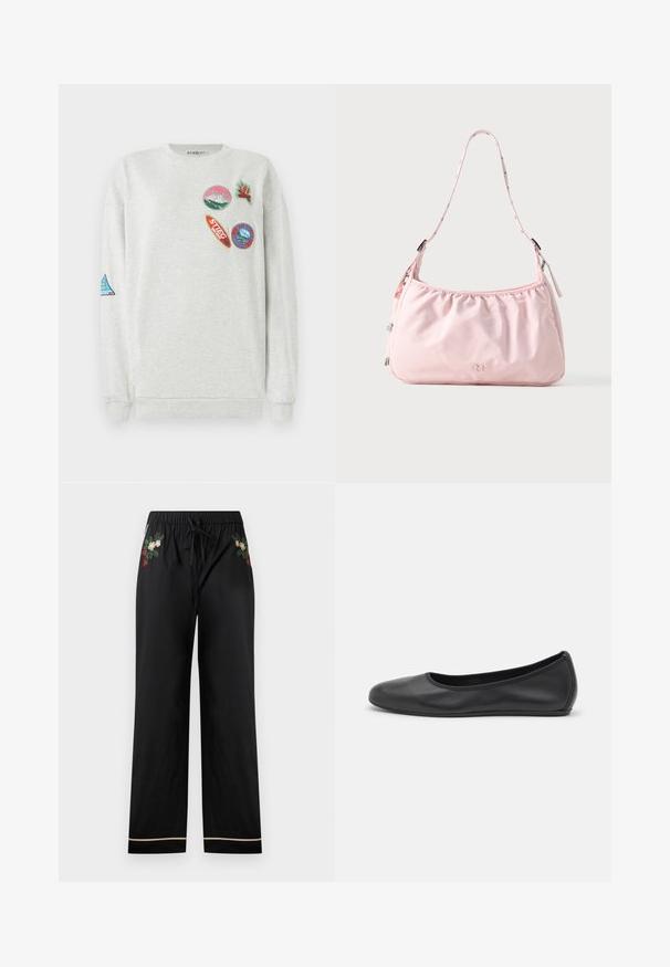 Sweatshirt gris clair à col rond, ornée de cinq patches brodés colorés de différentes formes et designs sur le devant et la manche.; Un pantalon large noir présente une taille élastique avec un cordon de serrage, des motifs floraux brodés en couleurs, et une bordure contrastante au niveau de l'ourlet.; Ballerines en cuir noir avec un bout rond, texture lisse, détails de couture minimalistes et design de semelle flexible.; Sac à épaule rose clair avec bandoulière réglable, bord supérieur froncé, fermeture éclair et petit logo embossé au centre devant.