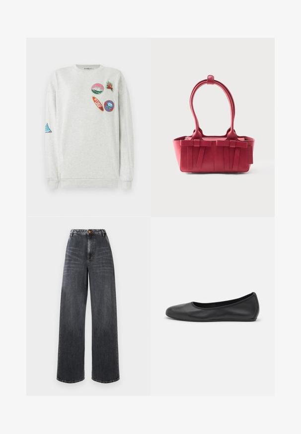 Hellgrau Sweatshirt mit Rundhalsausschnitt, das fünf bunte bestickte Aufnäher in verschiedenen Formen und Designs auf der Vorderseite und dem Ärmel zeigt.; Hochtaillierte, weit geschnittene Jeans aus dunkelgrauem Denim mit verwaschenen Details, ausgestattet mit einem Knopfverschluss vorne und klassischem Fünf-Taschen-Design.; Schwarze Leder-Ballettschuhe mit abgerundeter Spitze, glatter Textur, minimalen Nähdetails und einem flexiblen Sohlen-Design.; Rote Lederhandtasche mit zwei oberen Griffen, dekorativen Schleifen auf der Vorderseite und einem Anhänger an der Seite vor weißem Hintergrund.