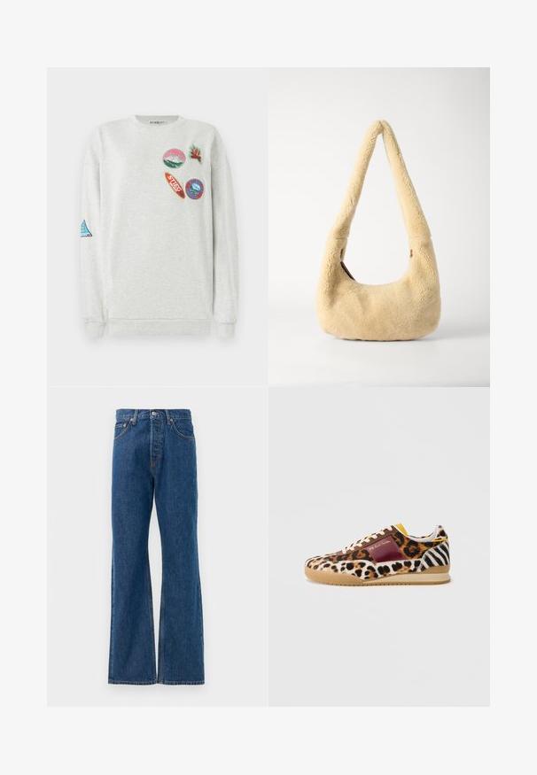Sweatshirt gris clair à col rond, ornée de cinq patches brodés colorés de différentes formes et designs sur le devant et la manche.; Jean flare en denim bleu avec taille haute, comportant cinq poches, une fermeture à bouton en métal argenté et des accents de couture visibles.; Les baskets présentent un mélange d'imprimés animaliers : motifs léopard et zèbre sur un tissu doux. Des accents en daim marron et une semelle en caoutchouc complètent le design.; Sac à épaule en shearling beige avec une poignée incurvée et une forme arrondie. La texture est douce et pelucheuse, avec des accents matériels minimaux.
