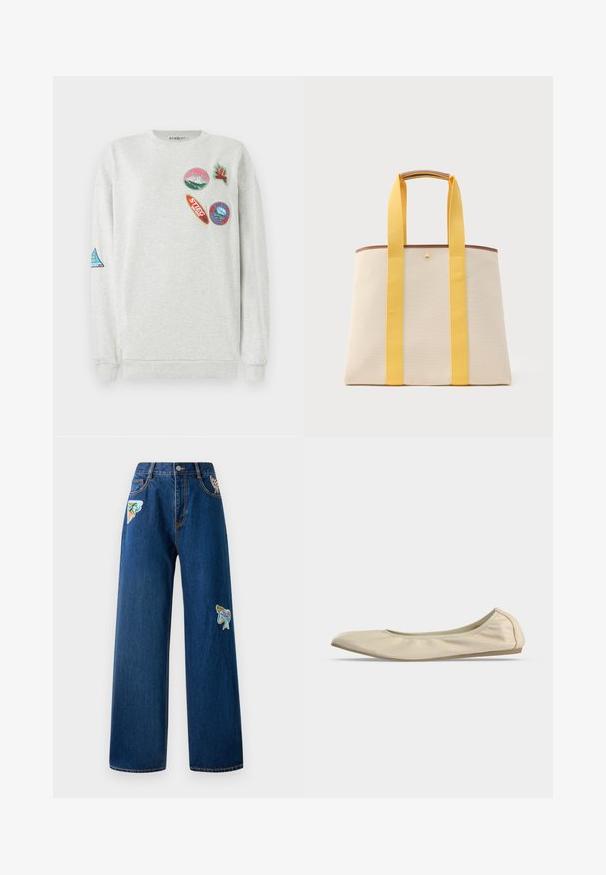 Lys grå sweatshirt med rund hals, der har fem farverige broderede lapper i forskellige former og designs på fronten og ærmet.; Mørkeblå denim bukser med brede ben og to farverige broderede lapper foran. Har standardlommer og synlige syninger.; Beige blødt læder balletsko med rundet tå, lavt snit i siden og tynd gummisål på en ensartet hvid baggrund.; Beige lærreds-tote taske med brede gule stropper og brun kant, med en lille guldknaplukning øverst i midten.