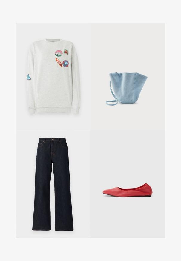 Hele halli kapuutsiga sweatshirt, millel on ümar kaelus ja esiküljel ning varrukal on viis värvilist tikitud pääsukest erinevate kuju ja disainidega.; Tumedad sinised laiad teksad, mis on valmistatud denimist, sisaldavad oranži õmblust, kahte esimest lukku ja nupukinnitust vöökoht. ; Filippa K REY FLATS - Baleriinad - bright red; Hele sinine kangast ämbrikujuline kott pika rihmaga, lai ülemine ava ja õmmeldud vertikaalsed õmblused, valgel taustal.
