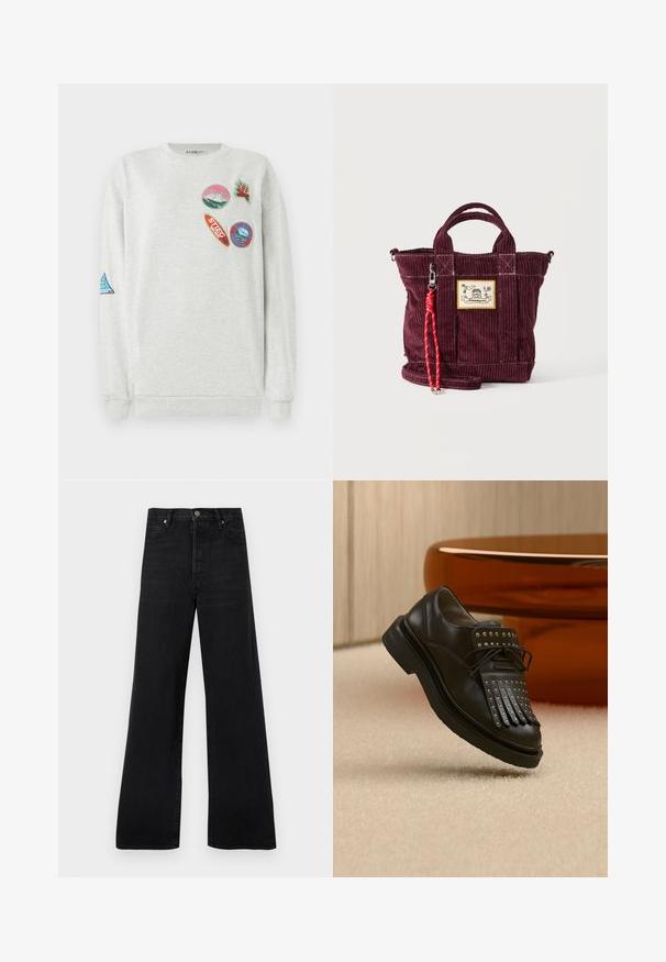 Sweatshirt gris clair à col rond, ornée de cinq patches brodés colorés de différentes formes et designs sur le devant et la manche.; Jean noir à jambes larges en denim, avec une taille haute, un design à cinq poches et une fermeture par bouton, présentant une texture légèrement délavée.; Chaussure en cuir noire à lacets avec franges décoratives et clous métalliques posée sur un tapis beige près d'un meuble marron.; Petit sac cabas en velours côtelé bordeaux avec double poignée, étiquette patch à l'avant et bandoulière tressée rouge attachée à un clip métallique.